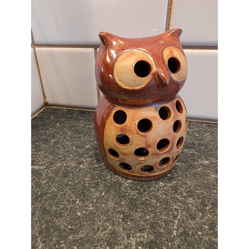 Vintage Vandor 1969 Ceramic Owl Figurine Candle Holder Brown Glaze MCM‎ 5" Japan